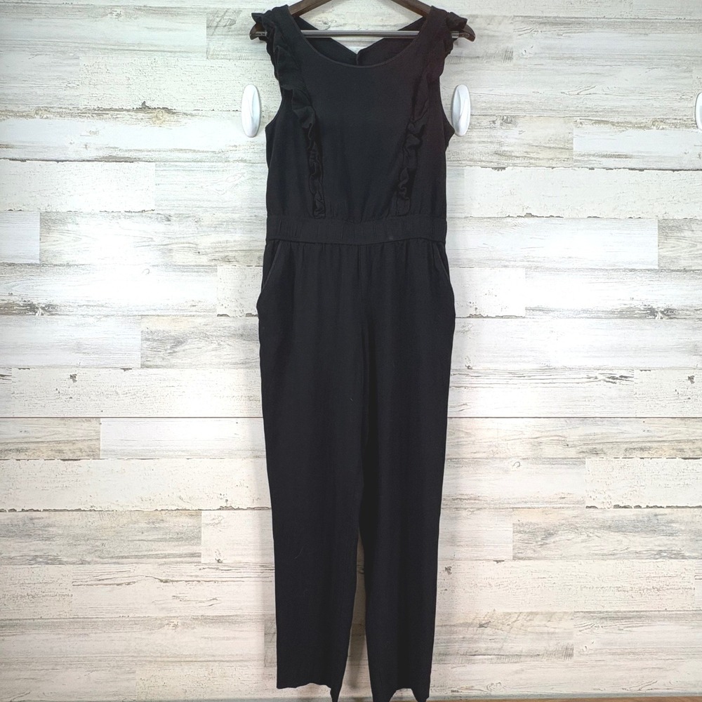 Elevenses Anthropologie Black Ruffle Open Back Sleeveless Jumpsuit Womens Size 6